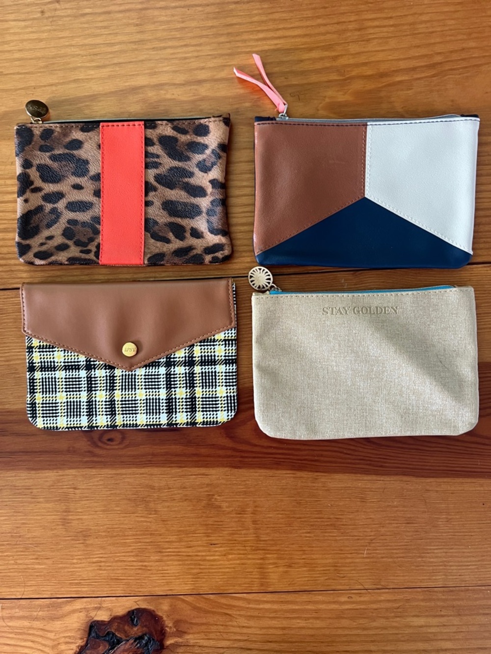 Ipsy Essential Set of 4 Women's Zip Pouches Neutral, Leopard, Plaid Style